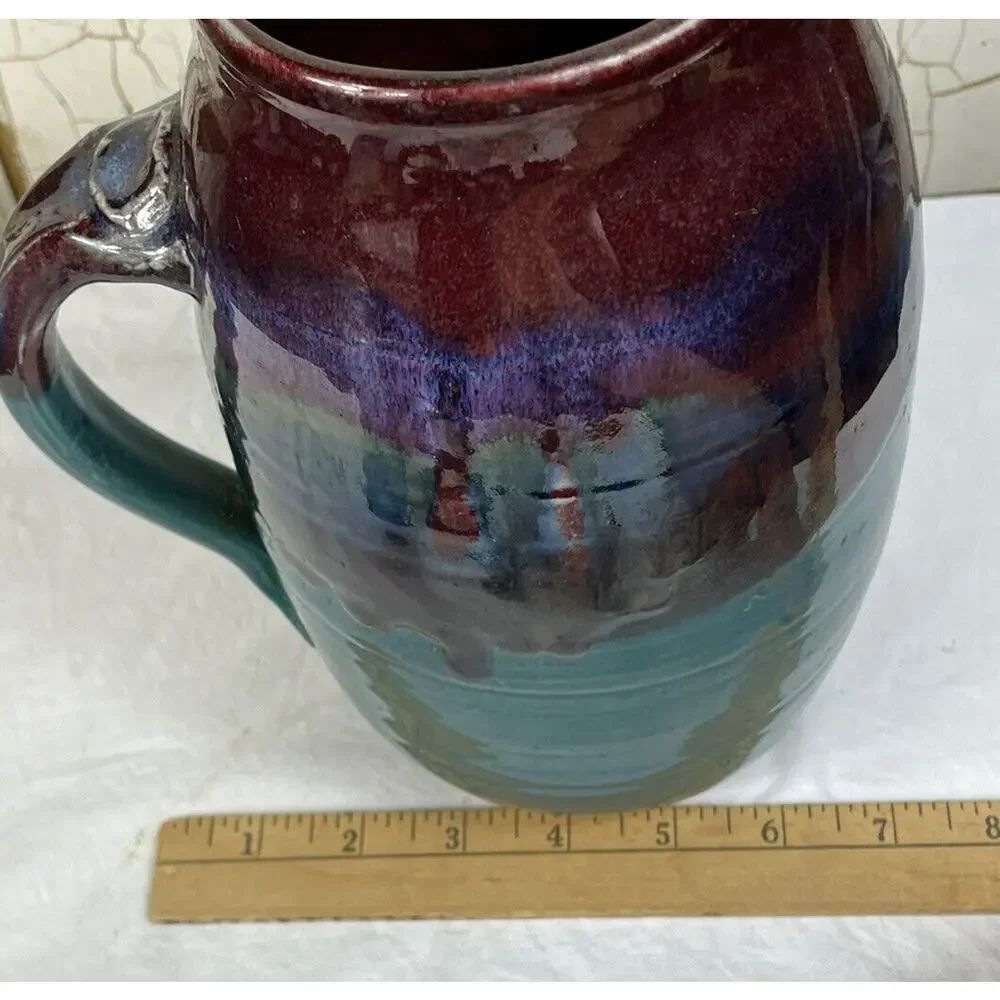 Joe Frank McKee Pottery Jug Jar Hand Thrown 9” Glazed Purple Blues Greens Art